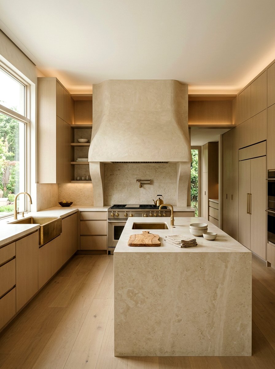 Limestone Curved Range Hood - 30 rounded kitchen hood ideas