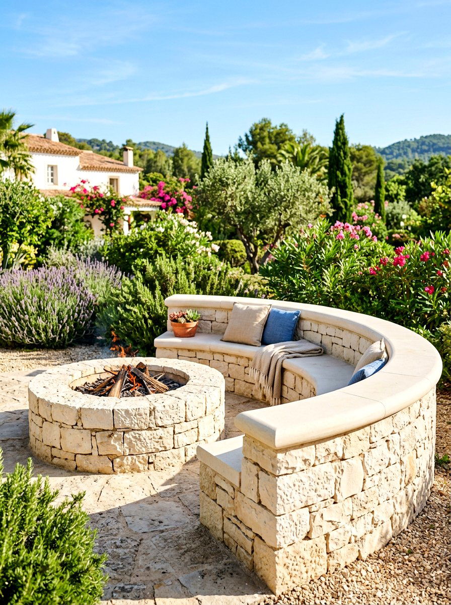 Limestone Fire Pit With Seating Wall - 30 seat wall fire pit ideas
