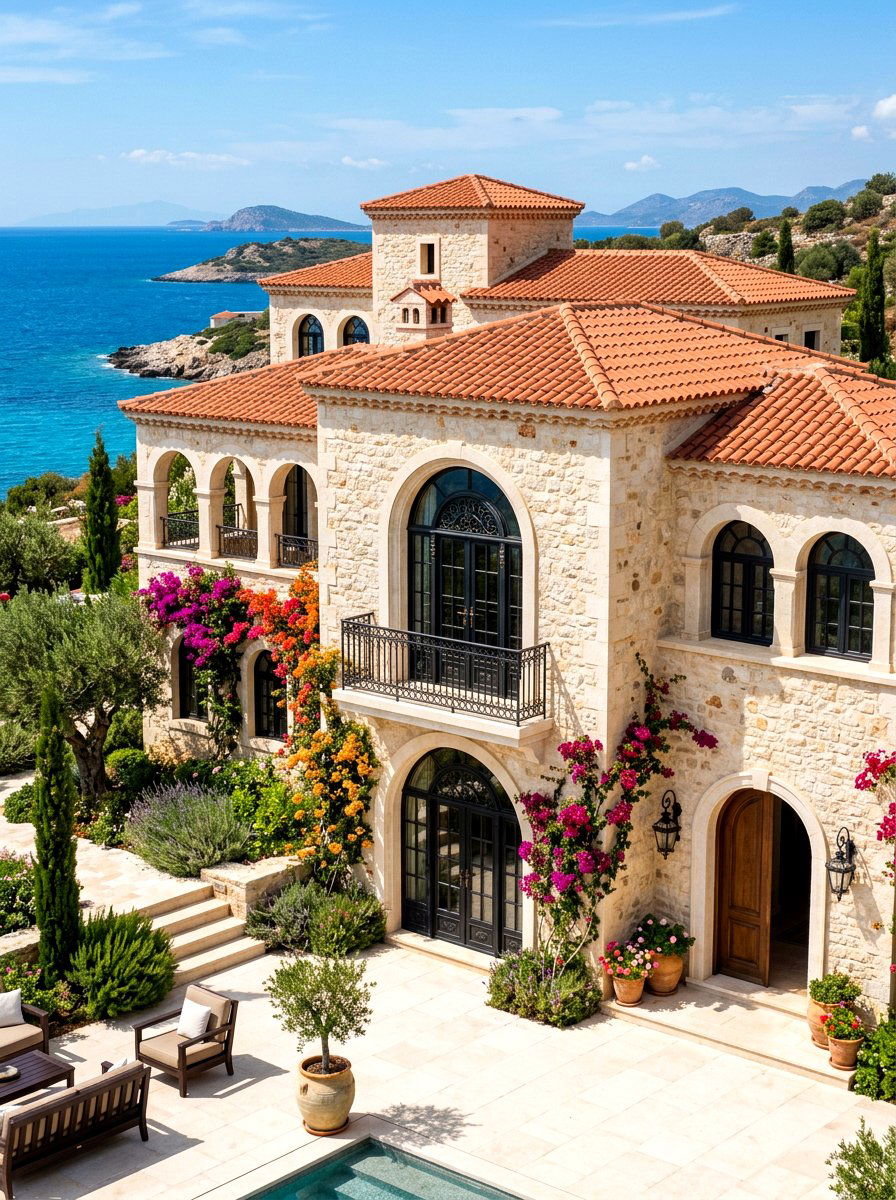 Limestone Mediterranean Villa - 30 black bronze window exterior ideas