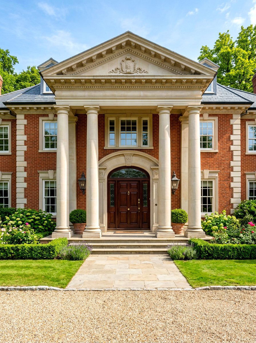 Limestone Portico Red Brick Home - 30 brick and limestone exterior ideas