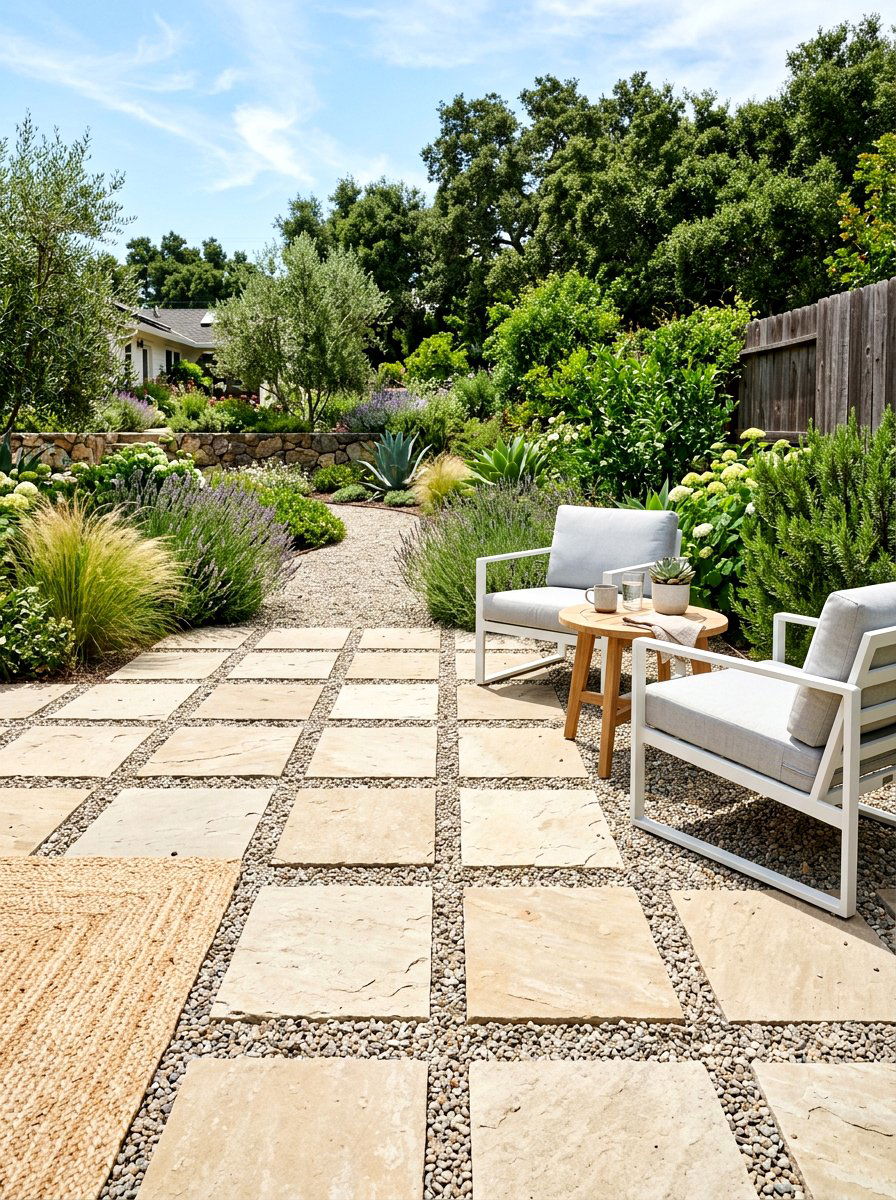 Limestone and pea gravel patio - 30 limestone backyard patio ideas