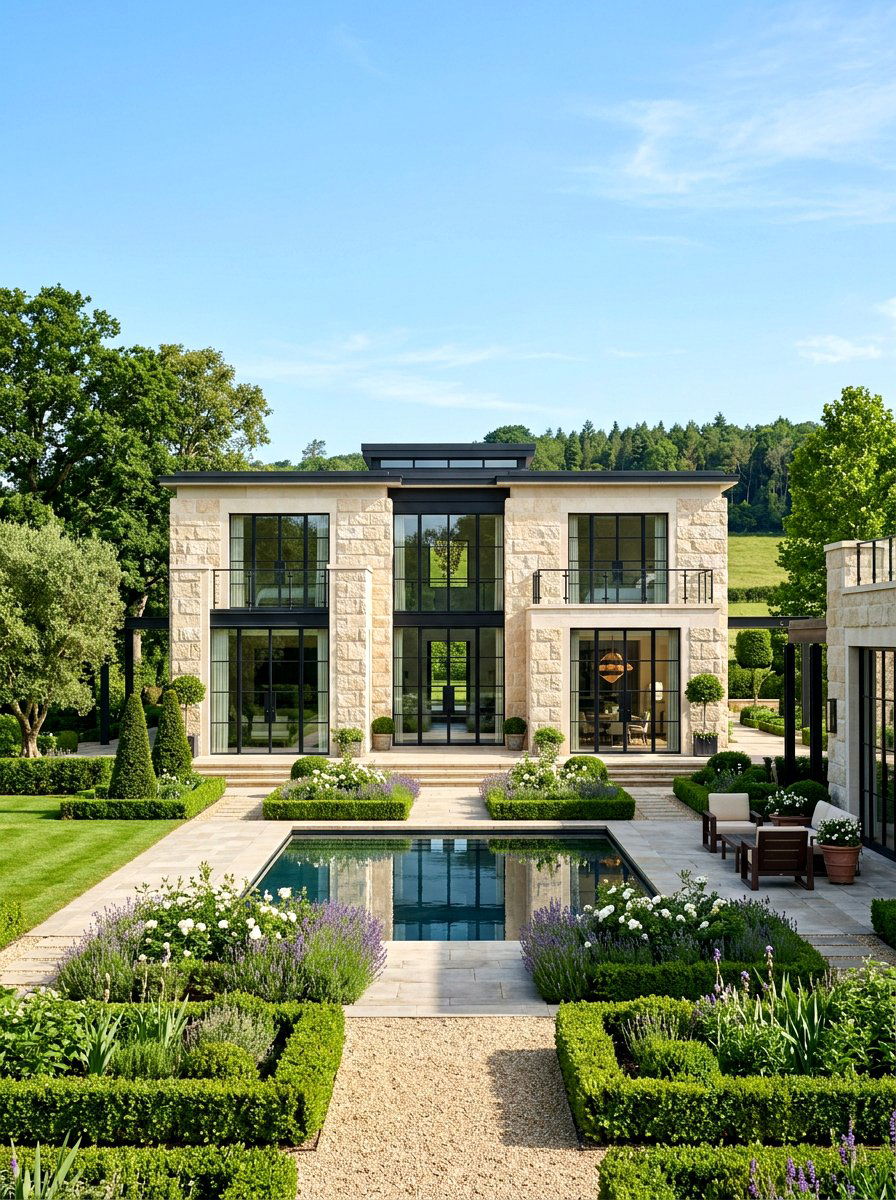 Limestone and steel frame - 30 mixed material facade ideas