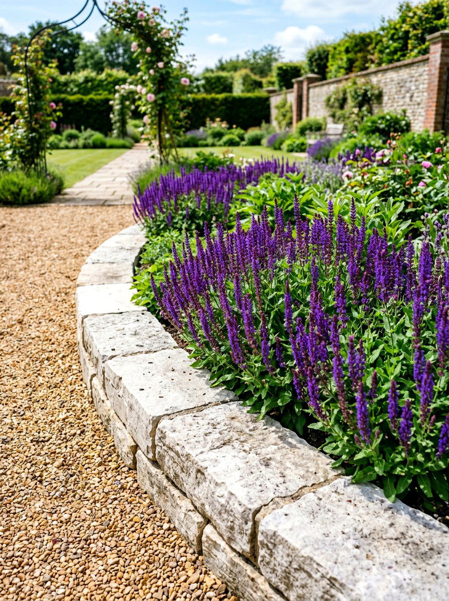 Limestone garden bed edge - 30 paver garden border ideas