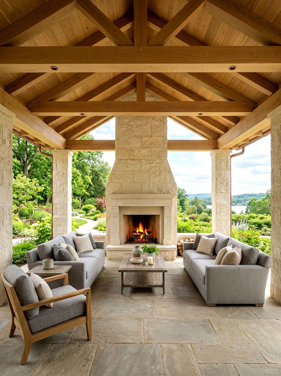 Limestone outdoor fireplace pavilion - 30 pavilion fireplace ideas