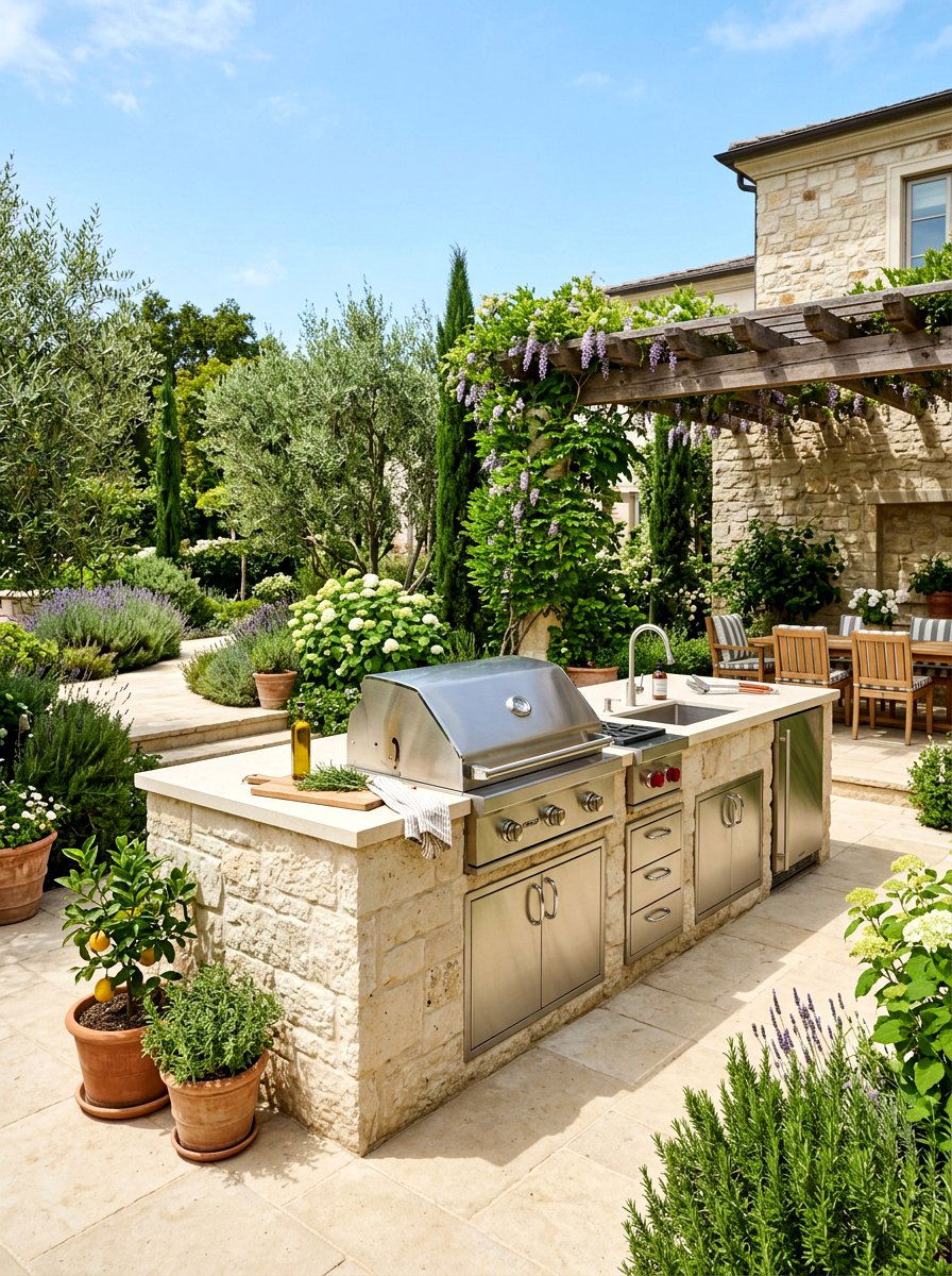 Limestone outdoor kitchen island - 30 warm minimalist garden ideas