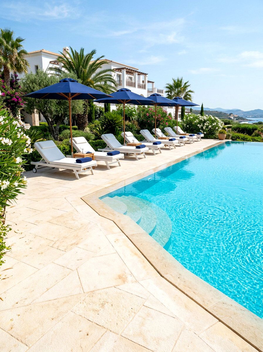 Limestone patio around swimming pool - 30 limestone backyard patio ideas