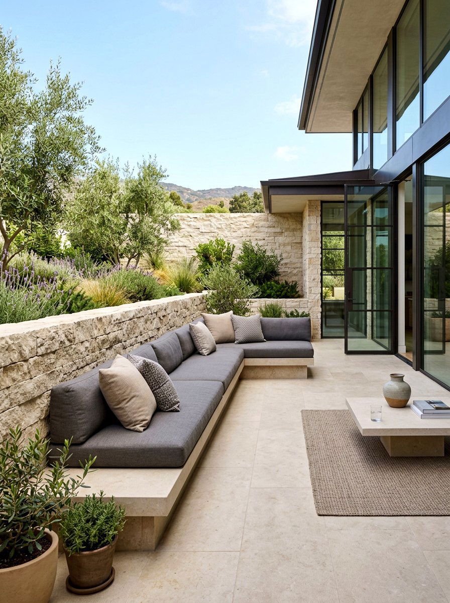 Limestone patio with built in seating - 30 limestone backyard patio ideas