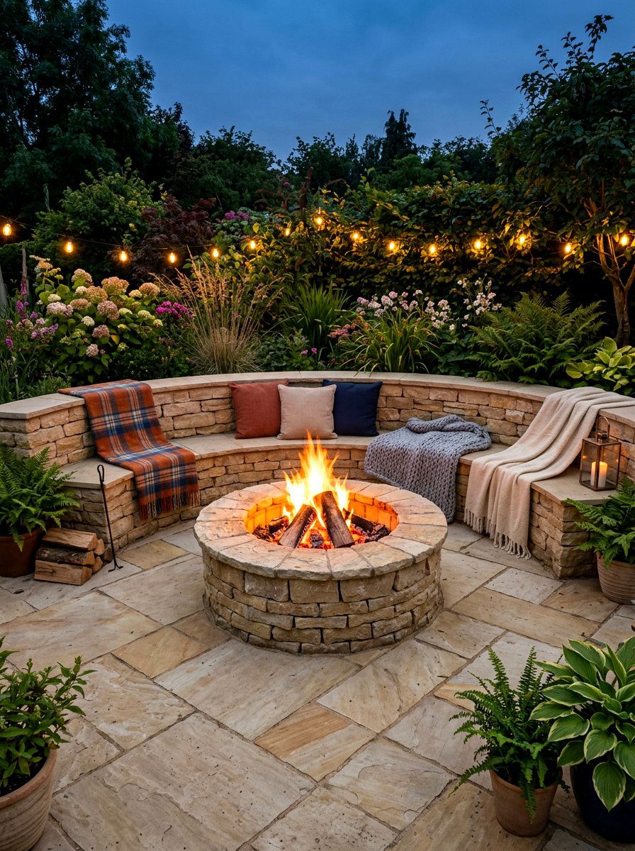 Limestone patio with fire pit - 30 limestone backyard patio ideas
