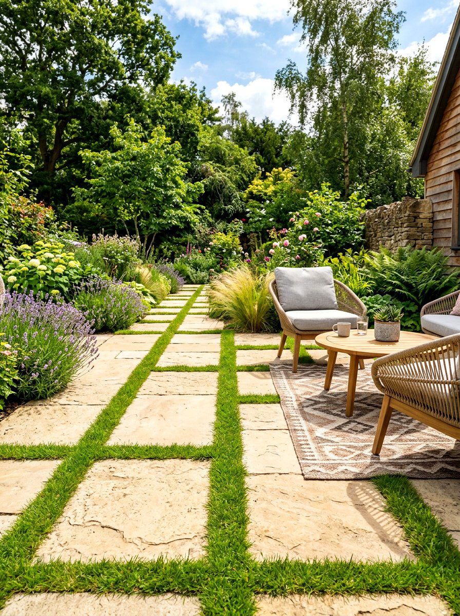 Limestone patio with grass joints - 30 limestone backyard patio ideas