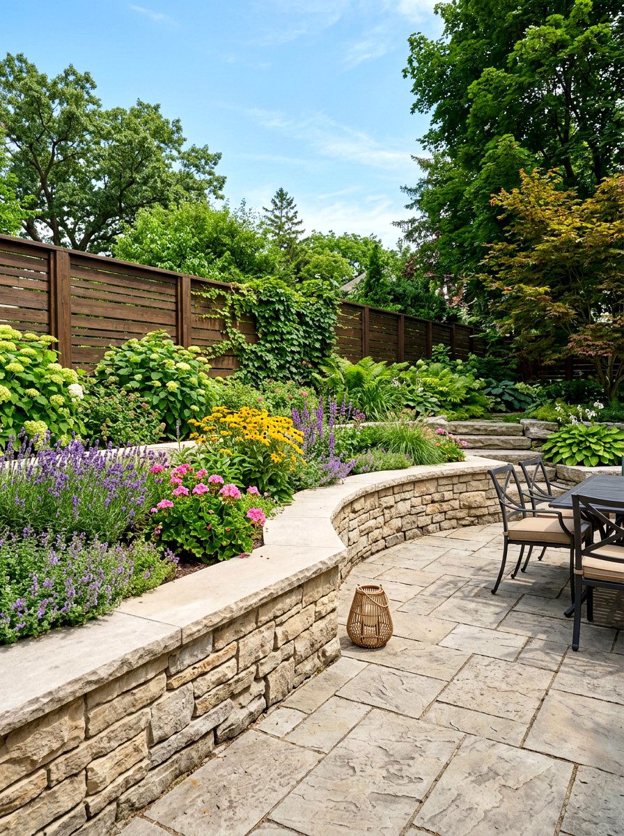 Limestone patio with retaining wall - 30 limestone backyard patio ideas