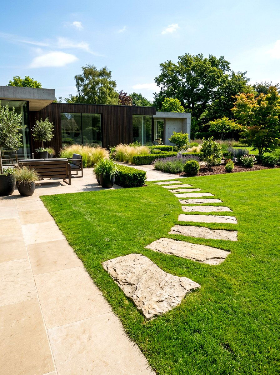 Limestone patio with step stone transition - 30 limestone backyard patio ideas