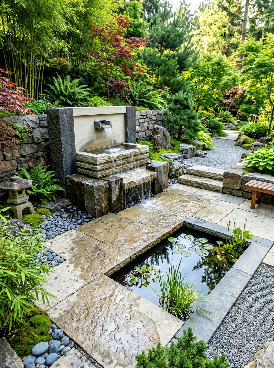 Limestone patio with water feature - 30 limestone backyard patio ideas
