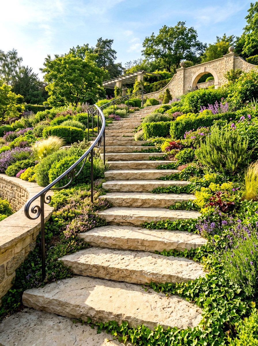 Limestone slab stairs - 30 garden rock ideas
