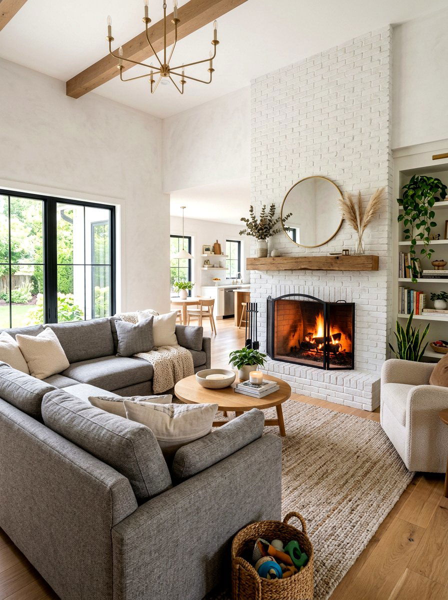 Limewash brick fireplace in living room - 30 limewash fireplace ideas