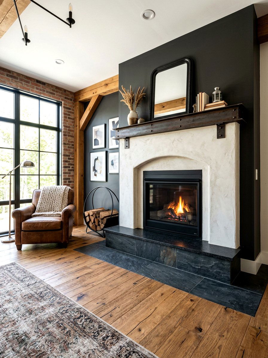 Limewash fireplace with black hearth - 30 limewash fireplace ideas