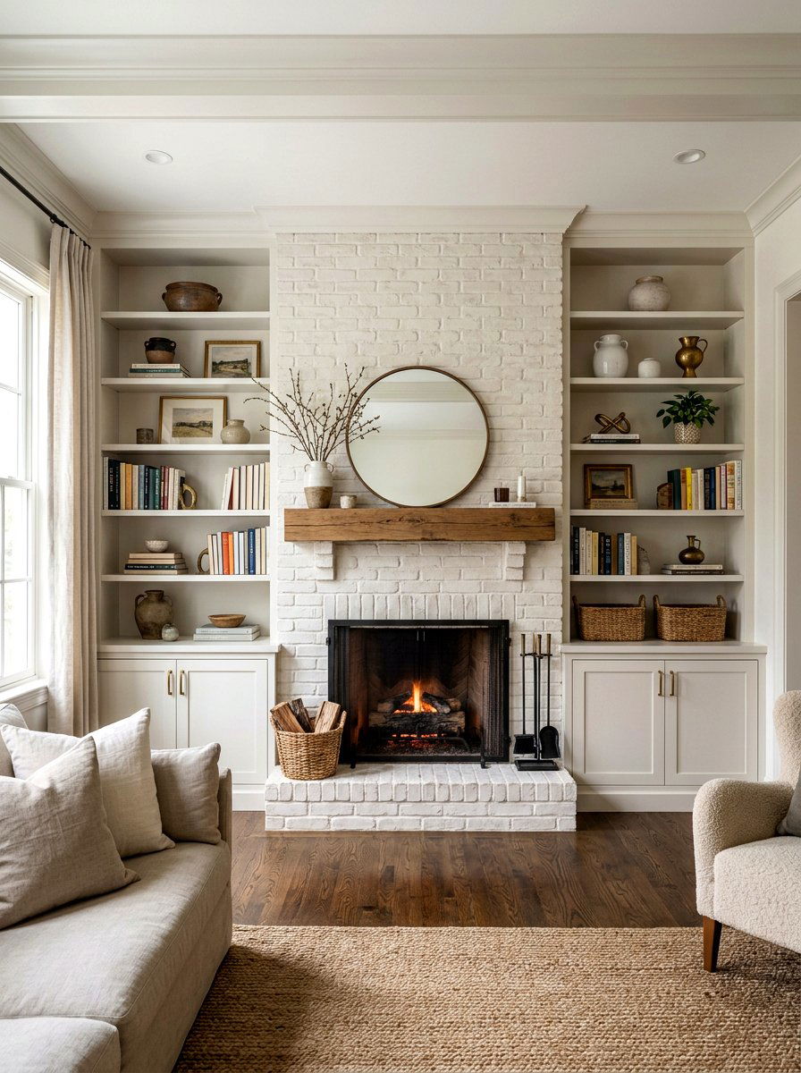 Limewash fireplace with built in shelves - 30 limewash fireplace ideas