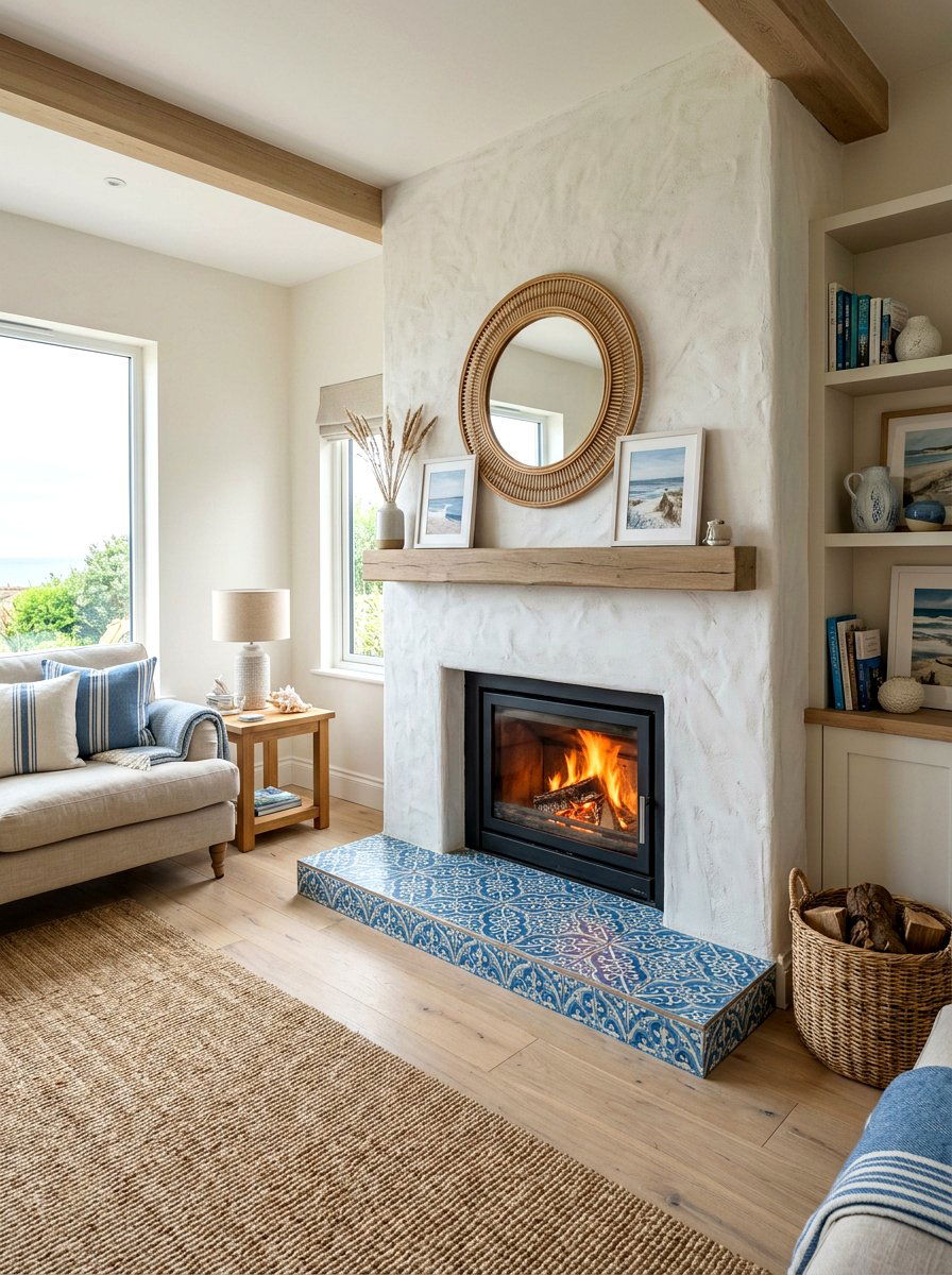 Limewash fireplace with tile hearth - 30 limewash fireplace ideas