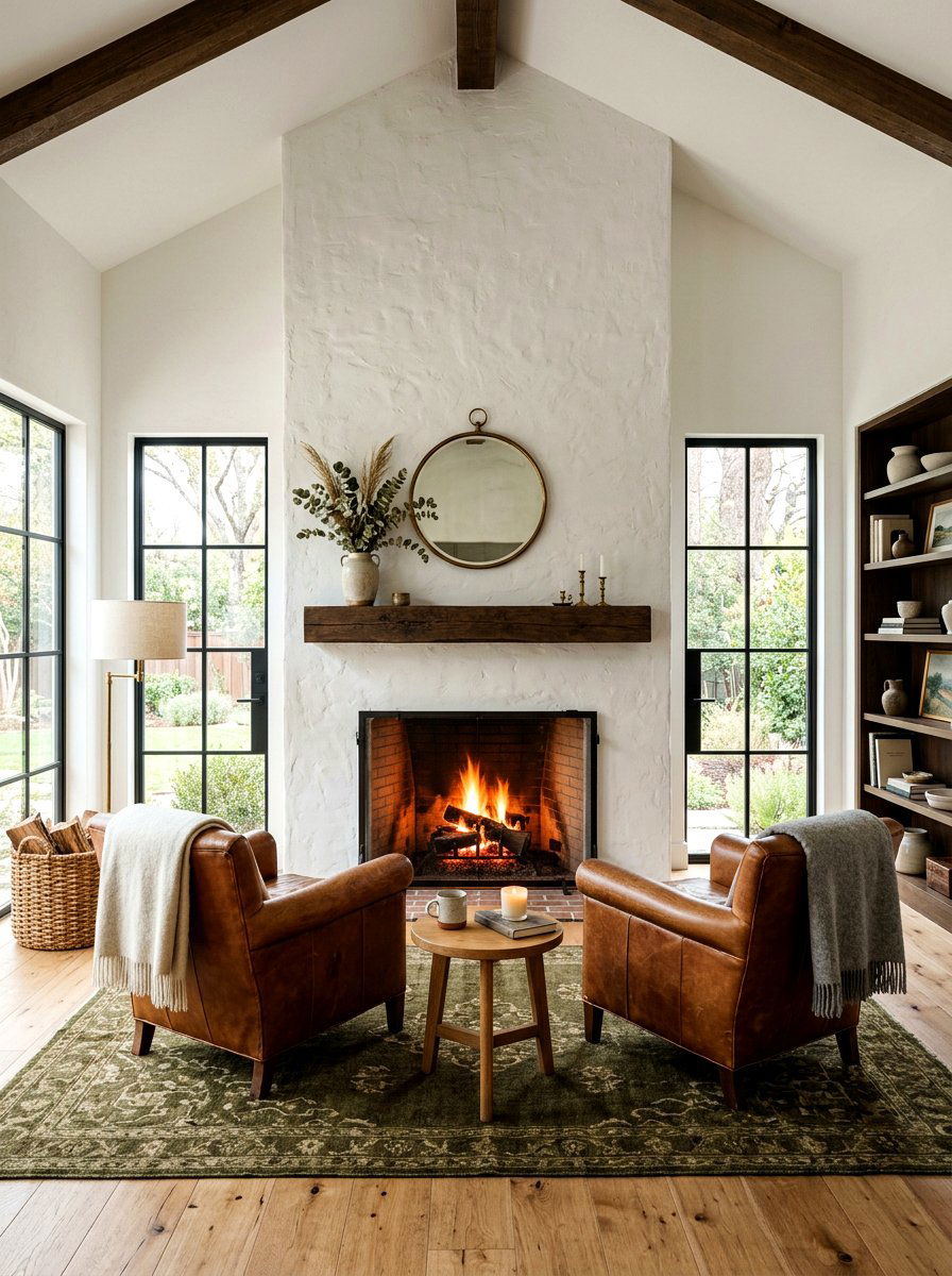 Limewash fireplace with wood mantel - 30 limewash fireplace ideas