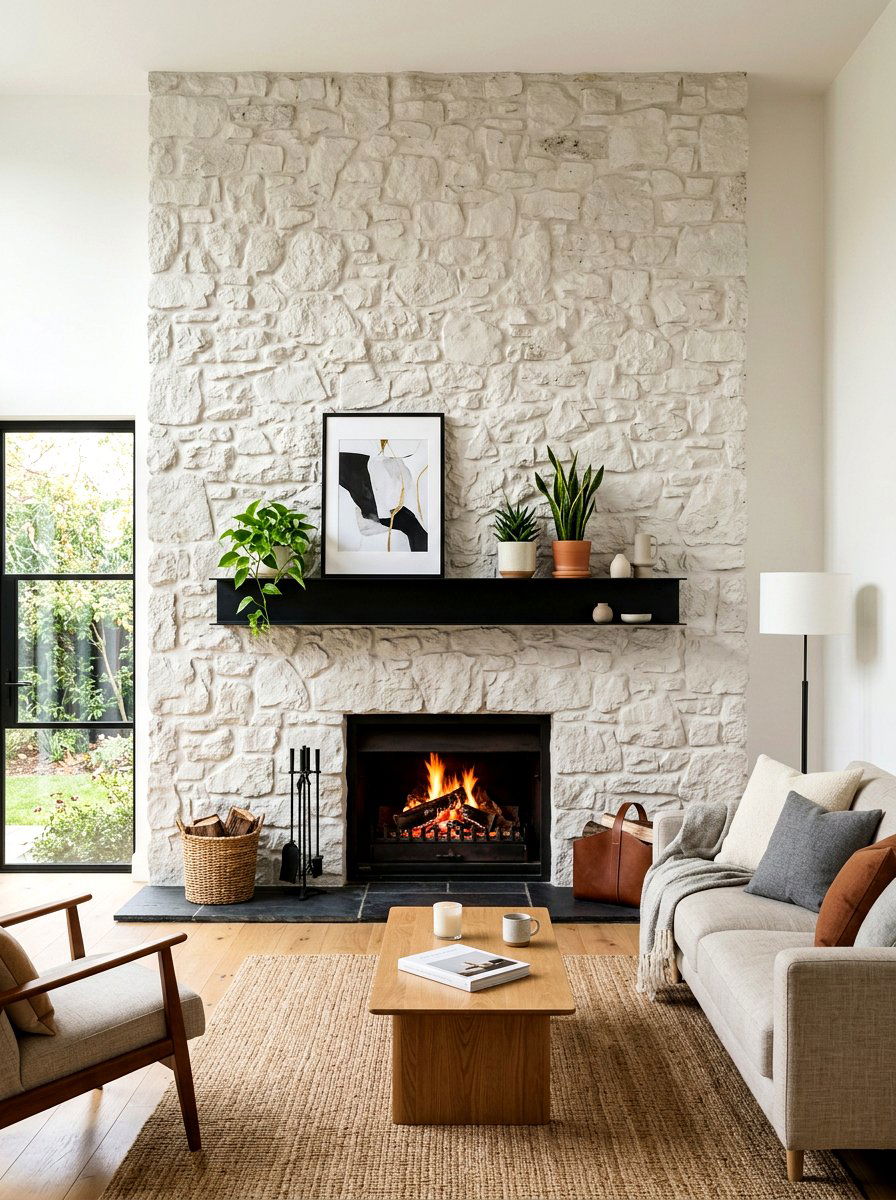 Limewash stone fireplace with floating shelf - 30 limewash fireplace ideas