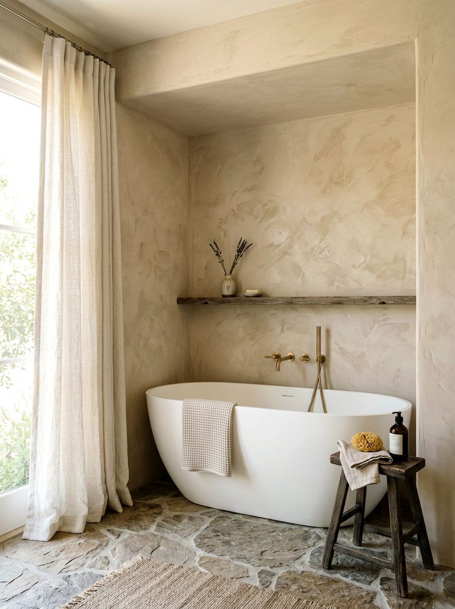 Limewash wall tub nook - 30 tub nook bathroom ideas
