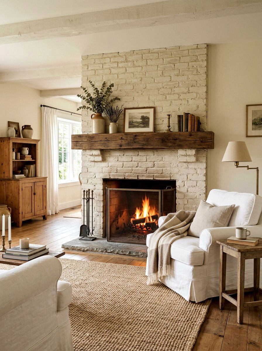 Limewashed brick fireplace - 30 brick accent wall ideas