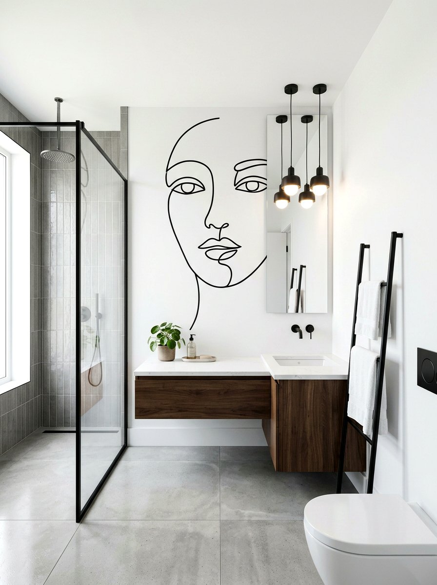 Line art face bathroom mural - 30 mural bathroom ideas