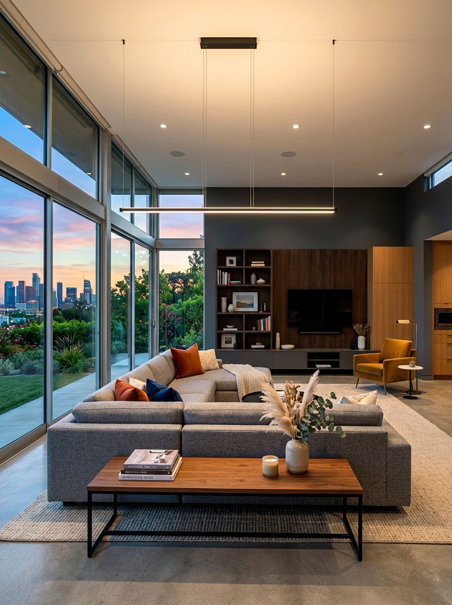 Linear Suspension Light - 30 layered lighting living room ideas