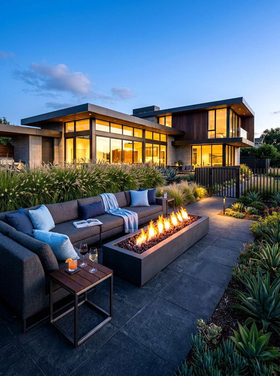 Linear gas fire pit - 30 gas fire lounge patio ideas