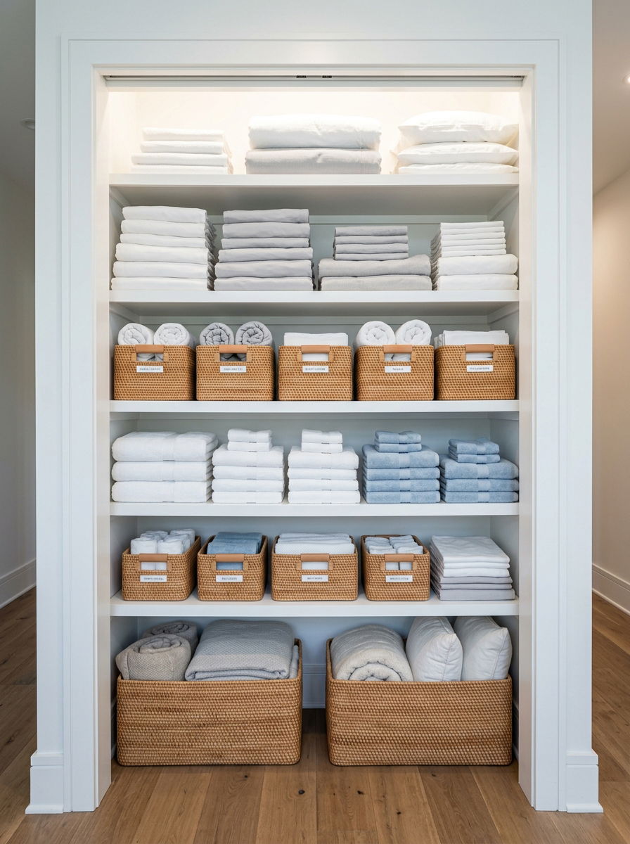 Linen Closet Storage Basket - 30 woven basket decor ideas