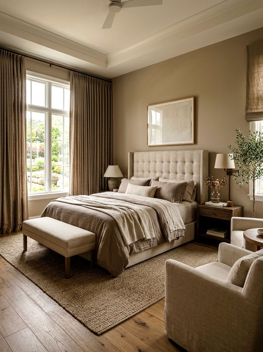 Linen Covered Primary Suite - 30 neutral home decor ideas