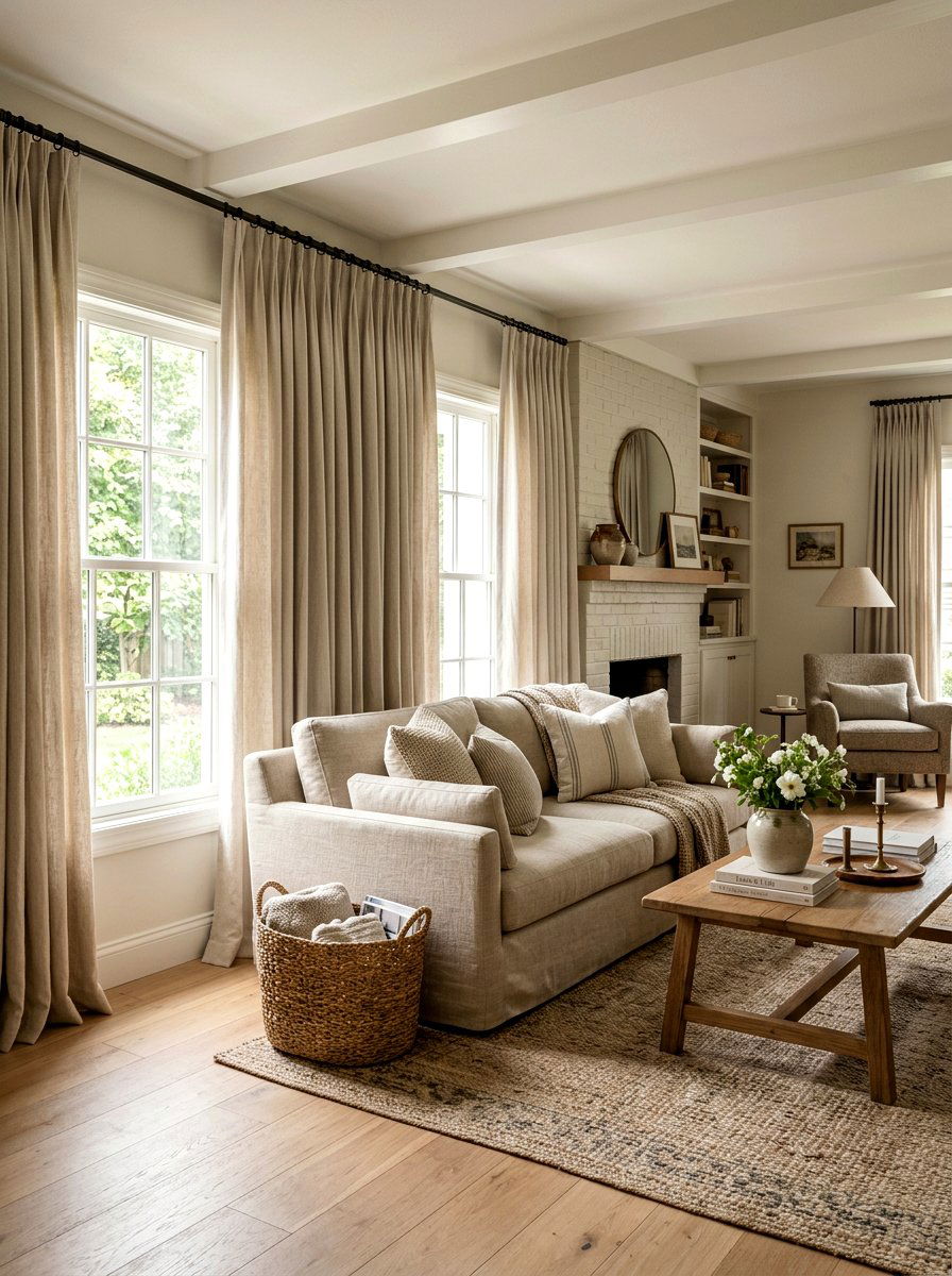 Linen Euro Pleat Living Room - 30 tailored drapery living room ideas