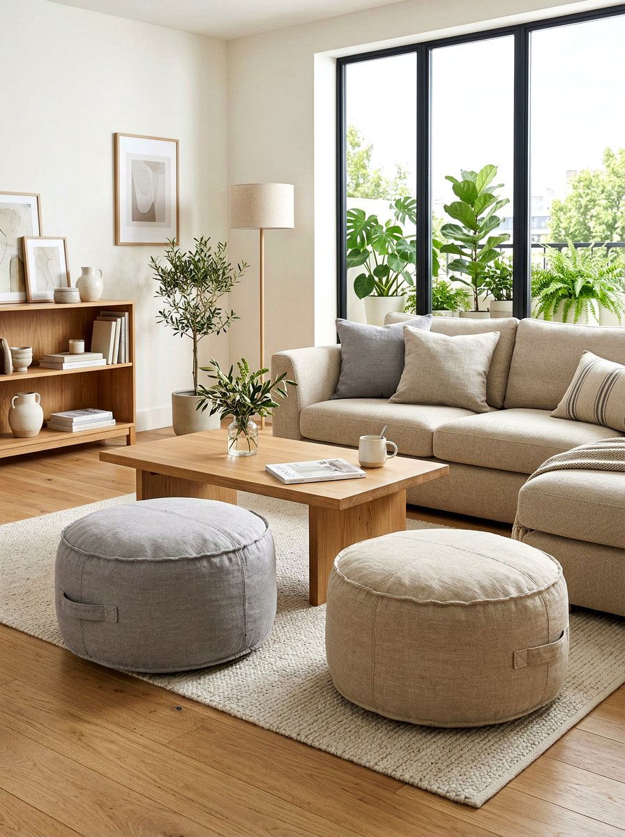Linen Floor Pouf - 30 linen decor ideas