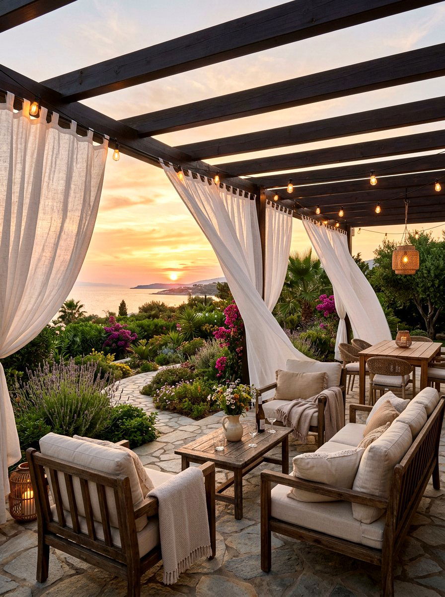 Linen Outdoor Curtains - 30 Mediterranean backyard lounge ideas