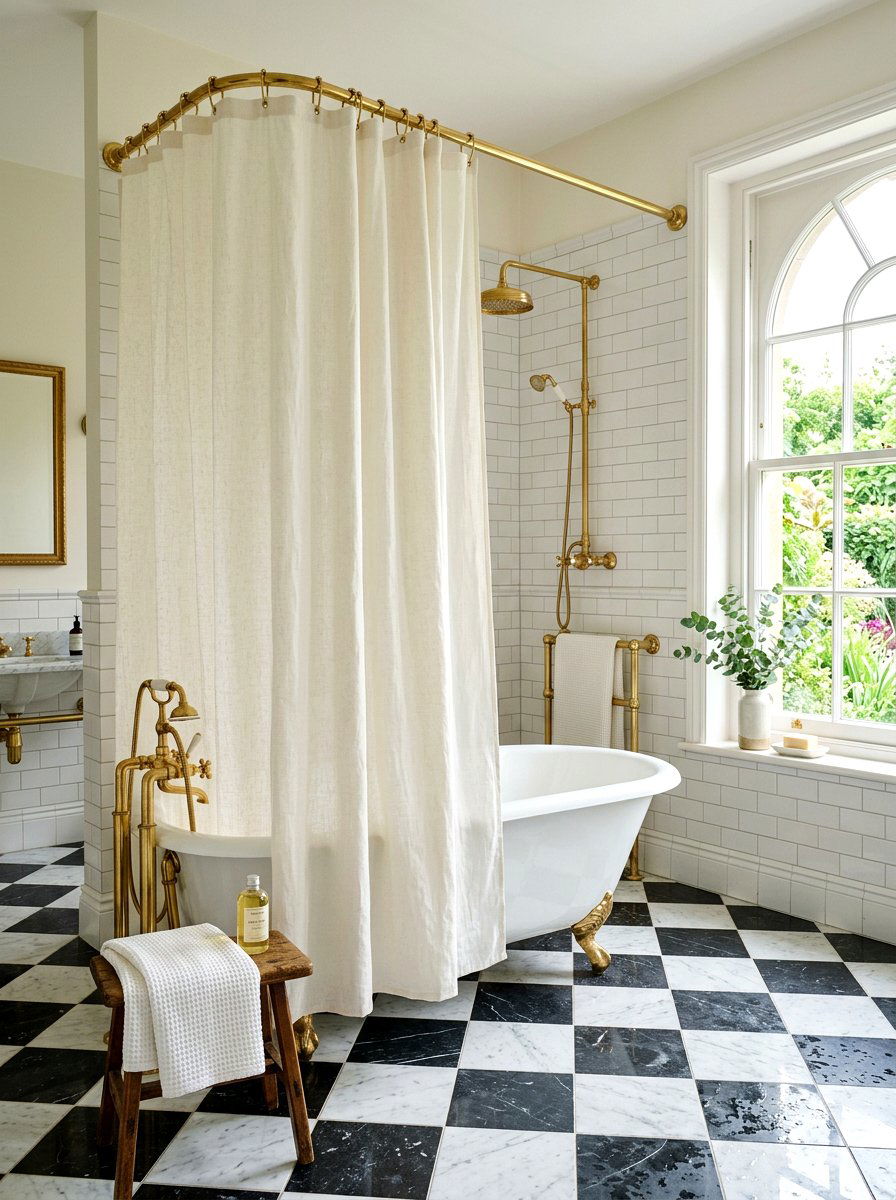 Linen Shower Curtain - 30 old world bathroom ideas