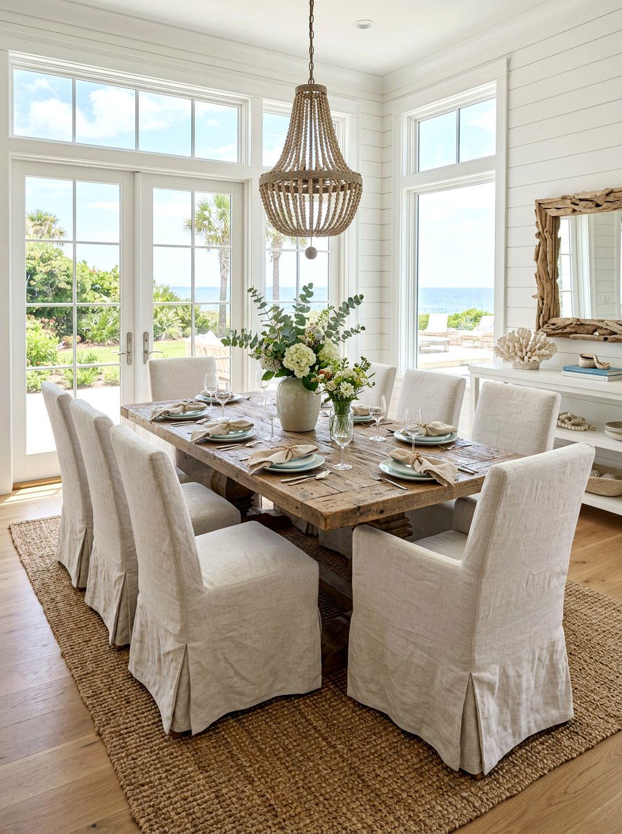 Linen Slipcover Chairs - 30 quiet luxury dining room ideas