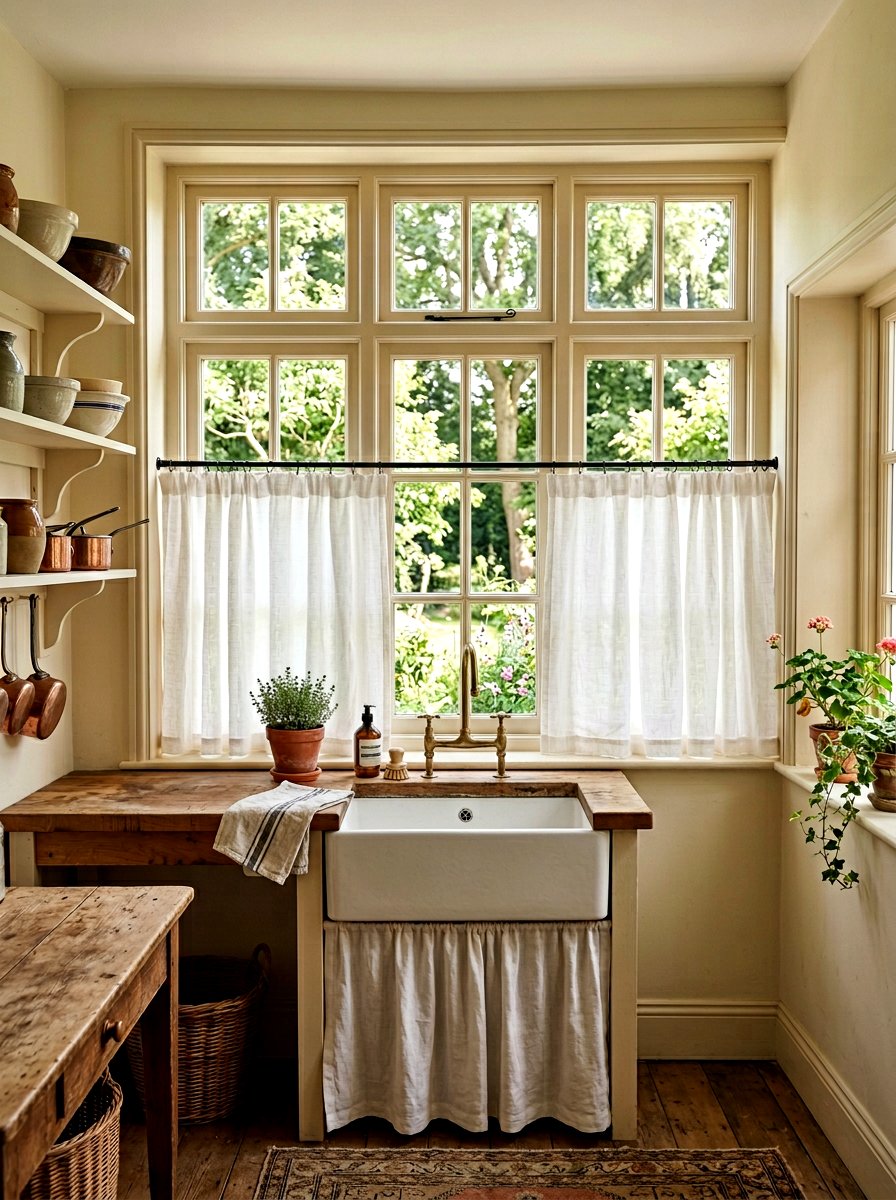 Linen Window Cafe Curtains - 30 vintage farmhouse kitchen ideas