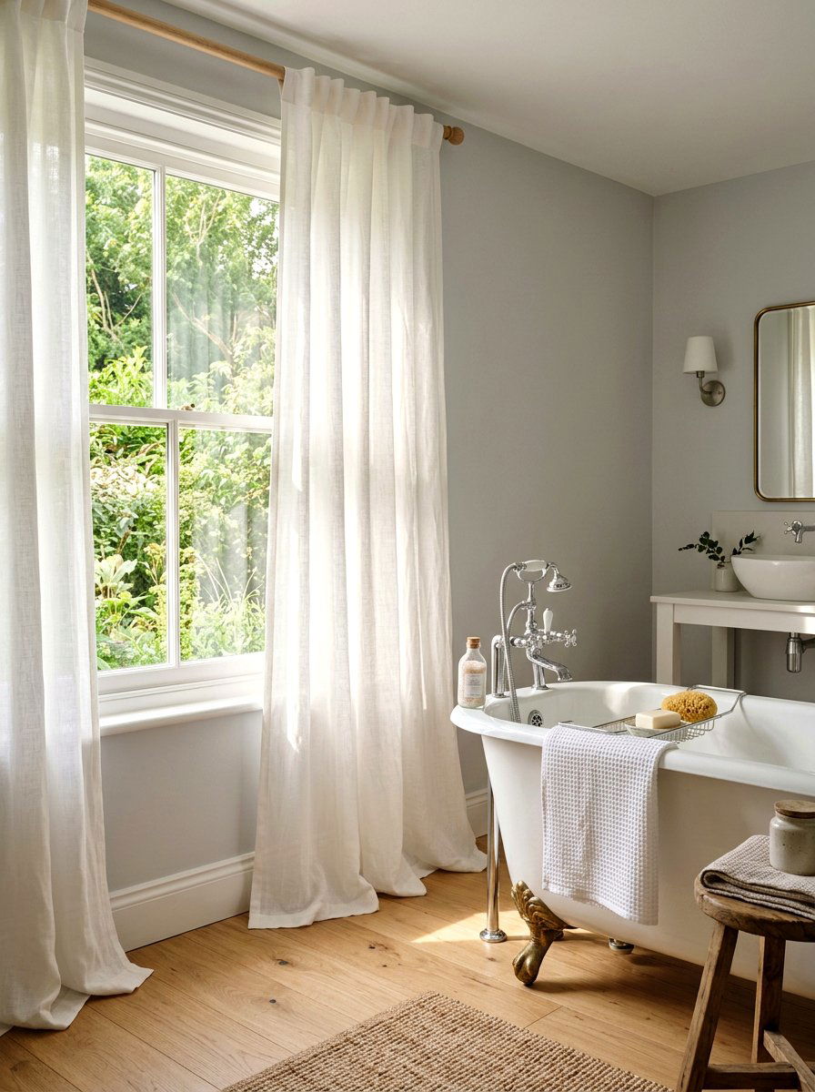 Linen Window Curtains - 30 cottage farmhouse bathroom ideas