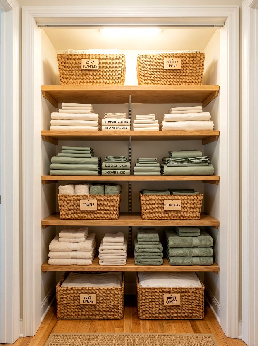 Linen closet shelving - 30 bedding storage ideas