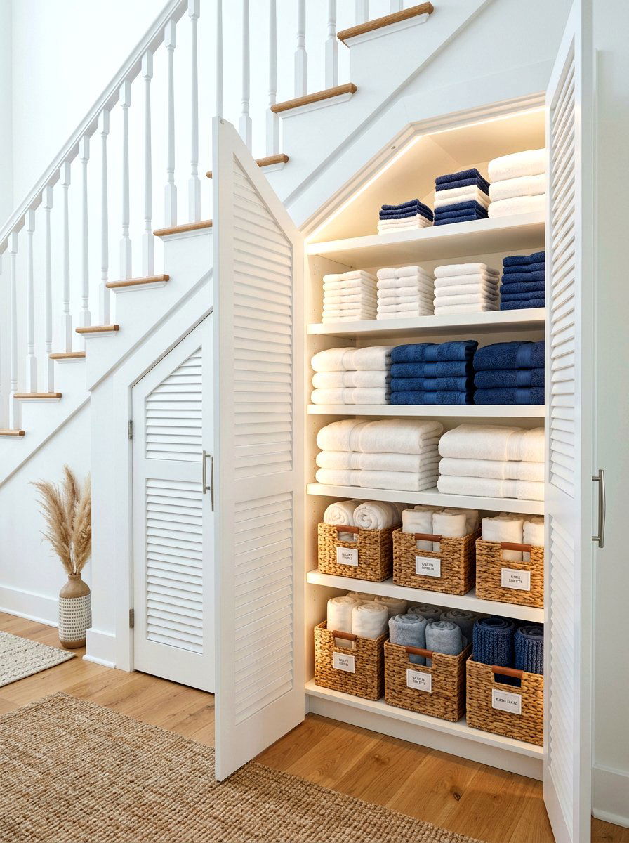 Linen closet under stairs - 30 under stairs storage ideas