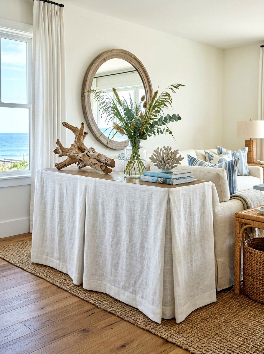 Linen console skirt - 30 skirted console table ideas