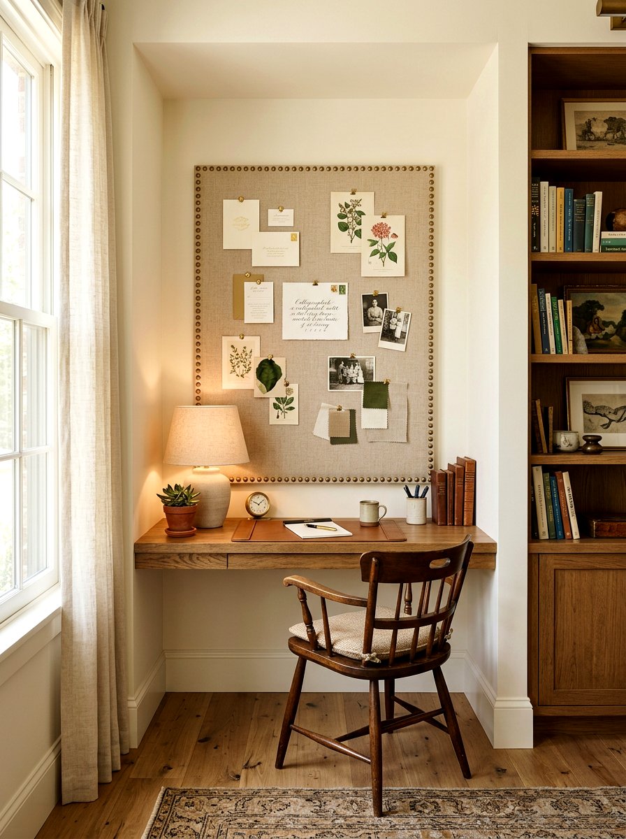 Linen covered pinboard nook - 30 pinboard office aesthetic ideas
