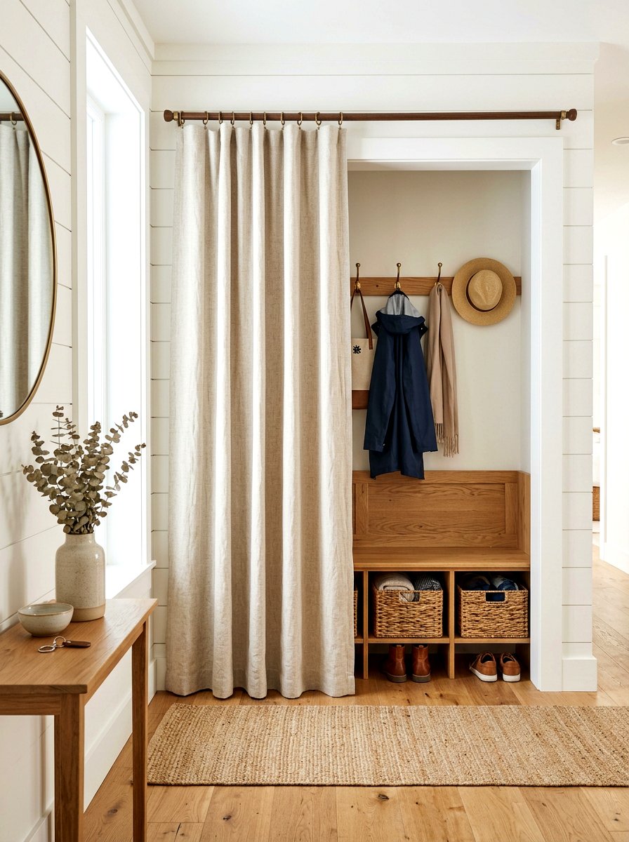 Linen curtain mudroom nook - 30 earthy entryway ideas