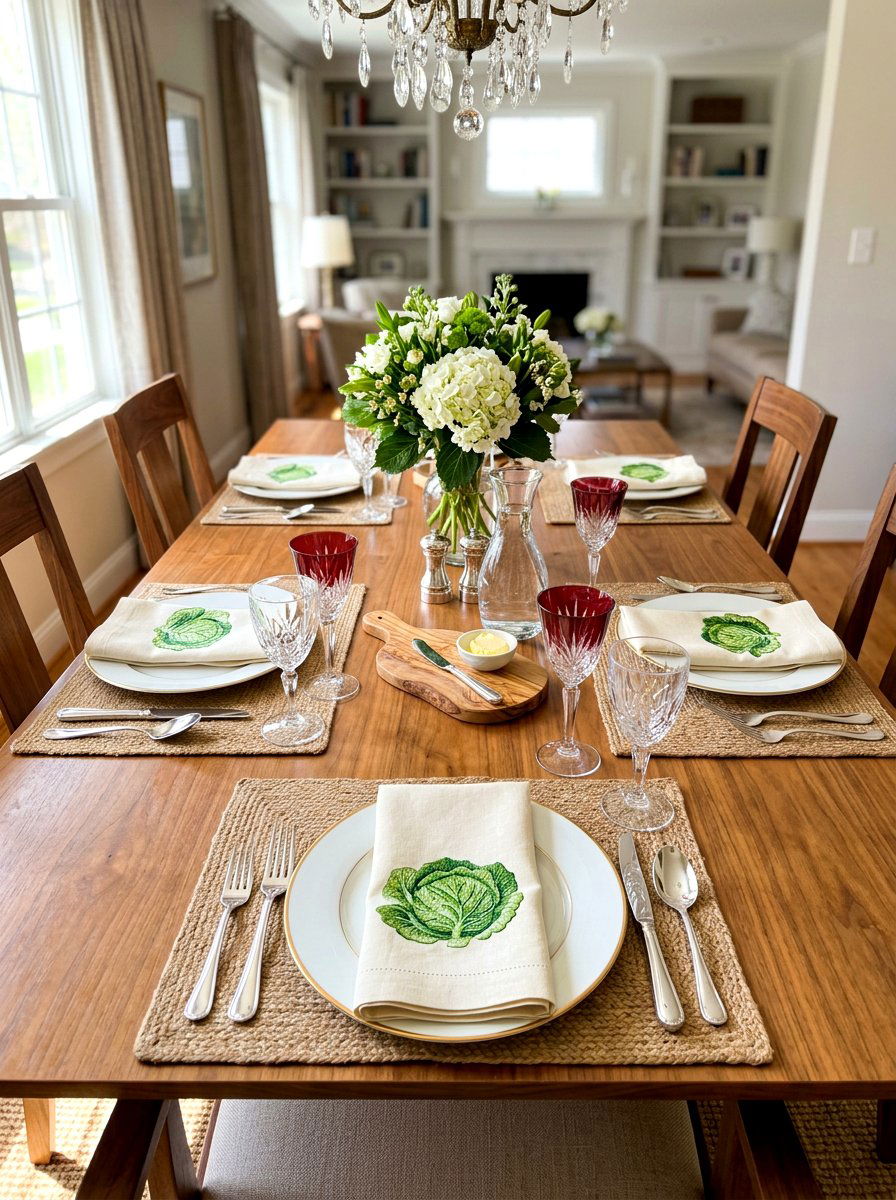 Linen napkins with cabbage embroidery motifs - 30 cabbagecore dining room ideas