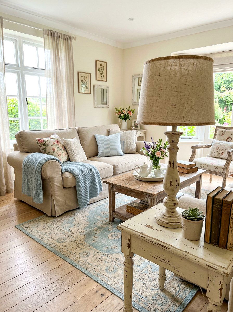 Linen shade table lamp - 30 cozy lamp lit living room ideas