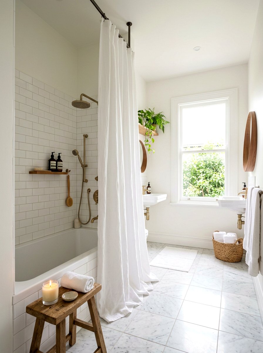 Linen shower curtain bathroom - 30 alcove tub styling ideas