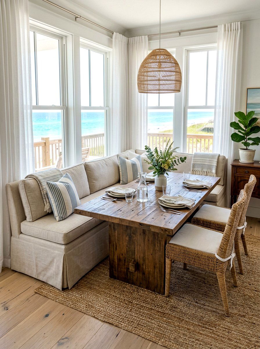 Linen slipcovered dining bench - 30 skirted dining bench ideas