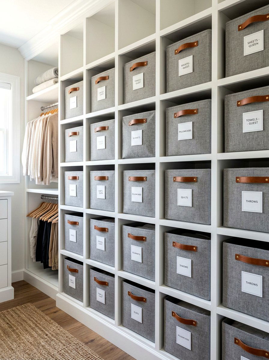 Linen storage bins - 30 aesthetic closet organization ideas