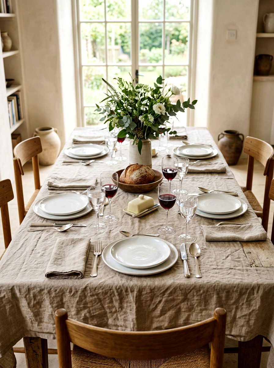 Linen tablecloth setting - 30 Nancy Meyers dining room ideas