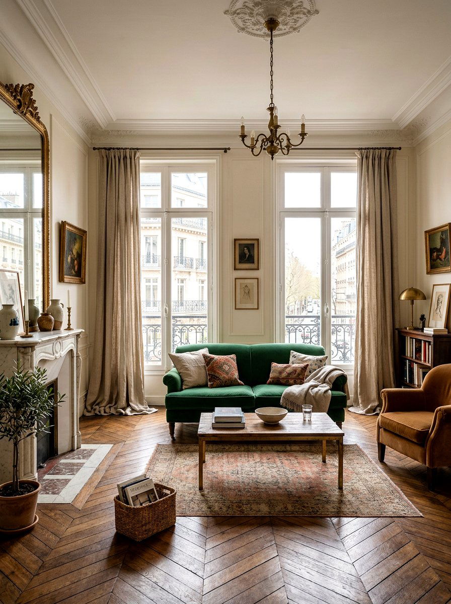 Linen window curtain styling - 30 Parisian living room ideas