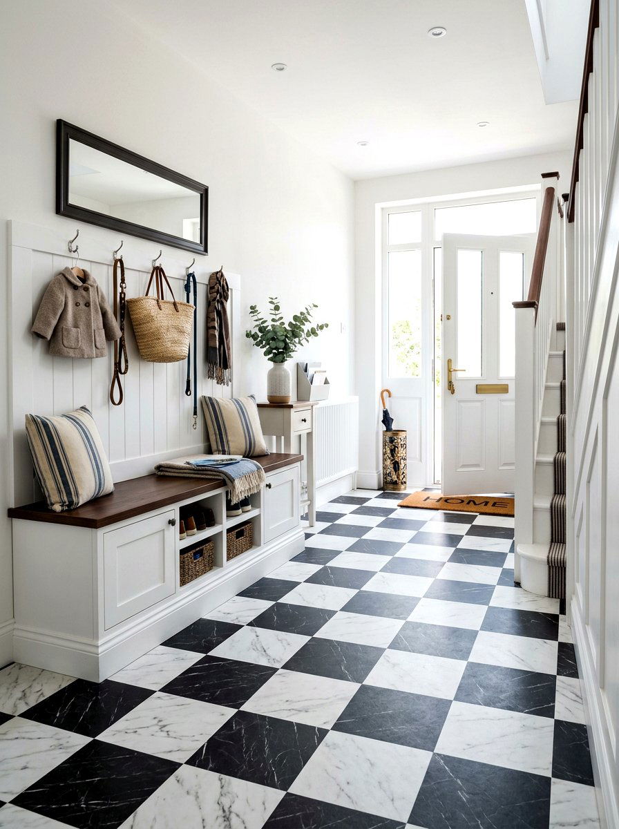 Linoleum or LVT checkerboard foyer - 30 checkerboard foyer floor ideas